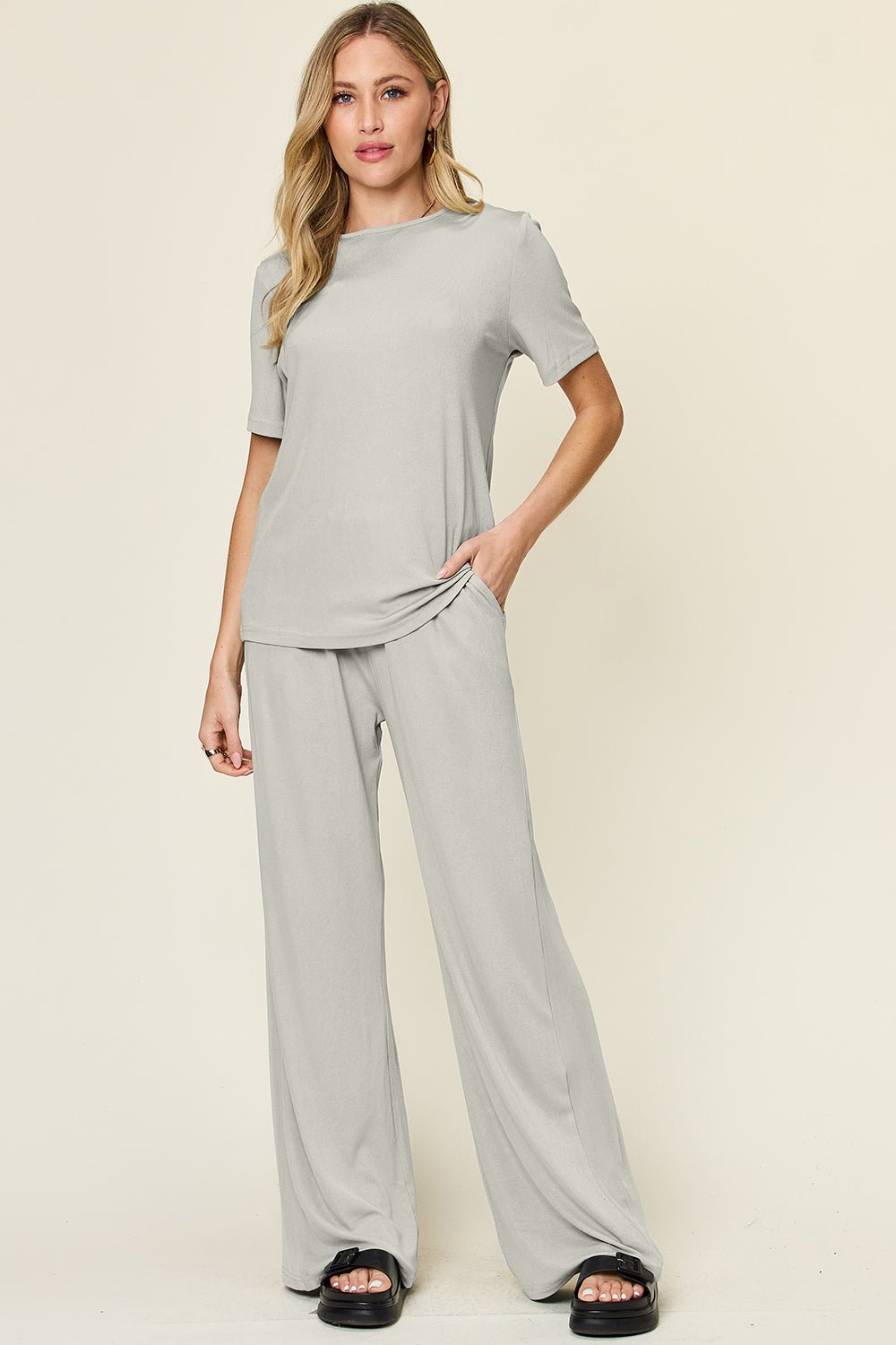 Double Take Full Size Texture Long Sleeve Top and Pants Set