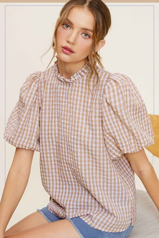 Gingham Check Print Puff Sleeve Top - MOD&SOUL - Contemporary Women's Clothing