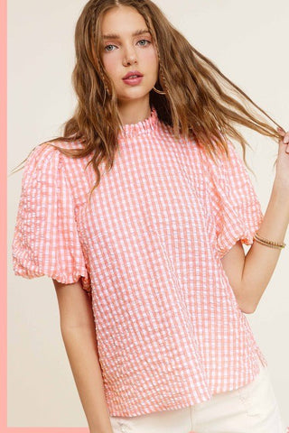 Gingham Check Print Puff Sleeve Top - MOD&SOUL - Contemporary Women's Clothing