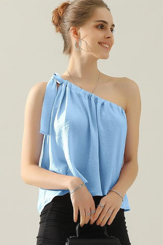 Ninexis One Shoulder Bow Tie Strap Satin Silk Top - MOD&SOUL - Contemporary Women's Clothing