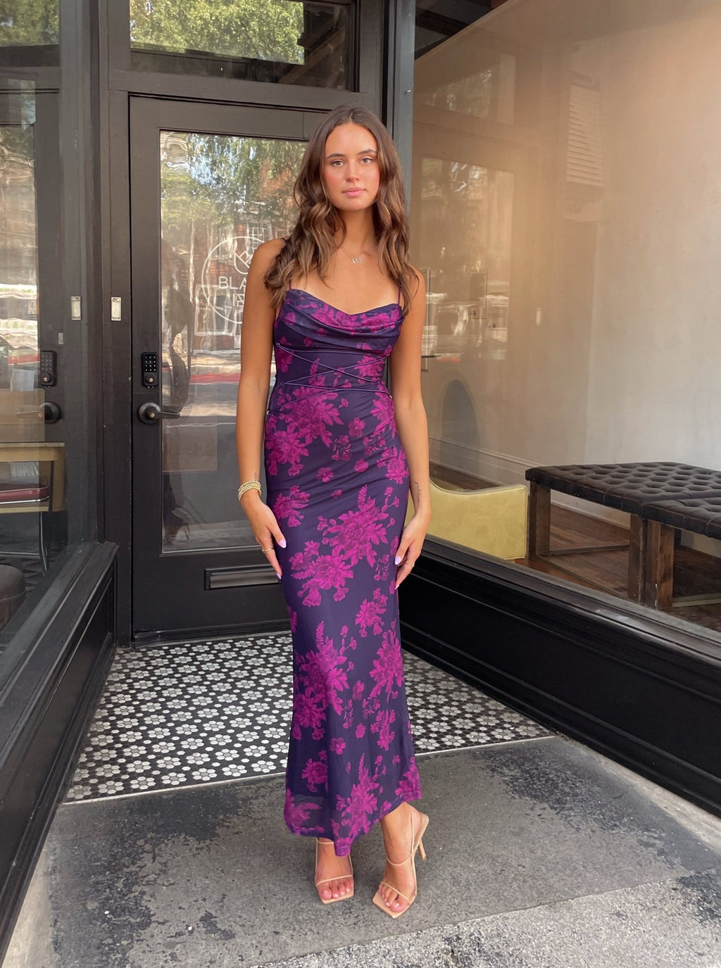 Elegant Flower Printed Cowl Neck Maxi Dress