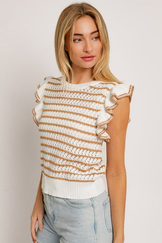 Round Neck Ruffle Sleeve Stripe Knit Top - MOD&SOUL - Contemporary Women's Clothing