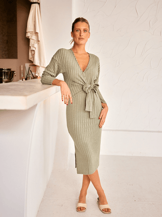 V-neck Long Sleeve Knit Dress - MOD&SOUL - Contemporary Women's Clothing