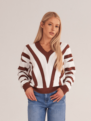 V Neck Striped Pullover Sweater - MOD&SOUL - Contemporary Women's Clothing