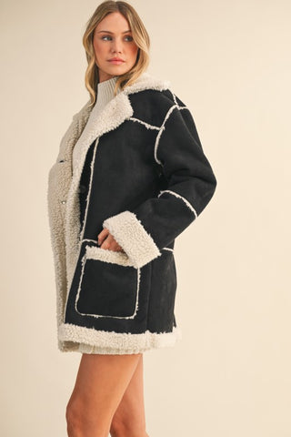Suede And Sherpa Combo Pocketed Coat