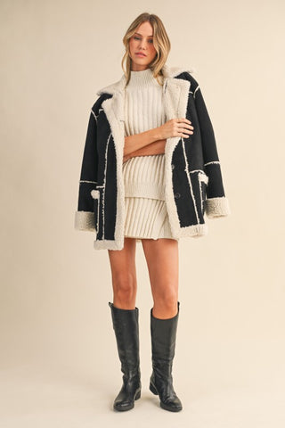 Suede And Sherpa Combo Pocketed Coat