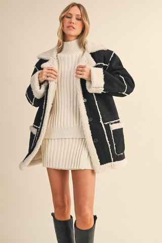 Suede And Sherpa Combo Pocketed Coat