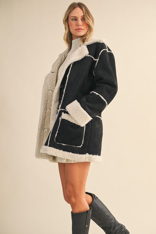 Suede And Sherpa Combo Pocketed Coat