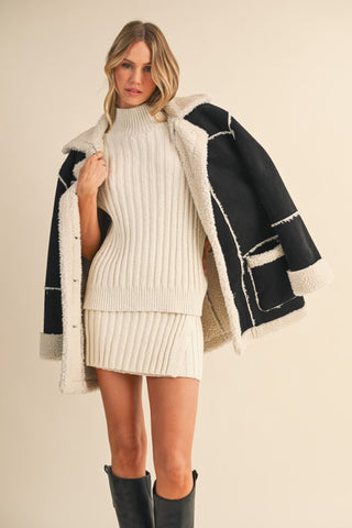 Suede And Sherpa Combo Pocketed Coat