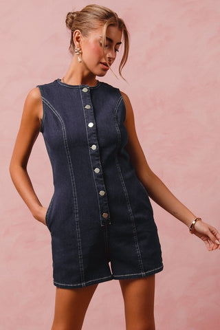 Button Up Denim Sleeveless Romper
