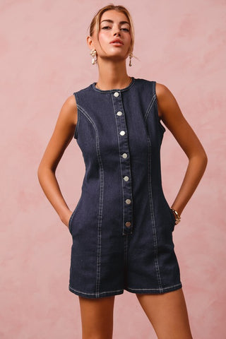 Button Up Denim Sleeveless Romper