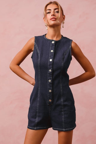 Button Up Denim Sleeveless Romper