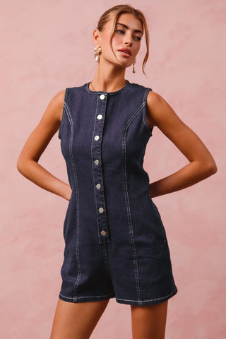 Button Up Denim Sleeveless Romper