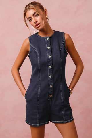 Button Up Denim Sleeveless Romper