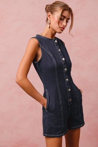 Button Up Denim Sleeveless Romper