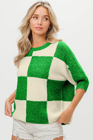 BiBi Checkered Contrast Round Neck Sweater - MOD&SOUL - Contemporary Women's Clothing