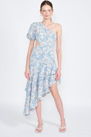 Blue Floral One Shoulder Dress - MOD&SOUL - Contemporary Women's Clothing