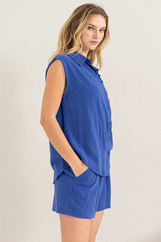 Linen Button-Down Shirt And Shorts Set - MOD&SOUL - Contemporary Women's Clothing