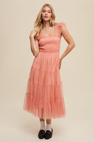 Smocked Ruffle Tiered Mesh Midi Maxi Dress - MOD&SOUL - Contemporary Women's Clothing
