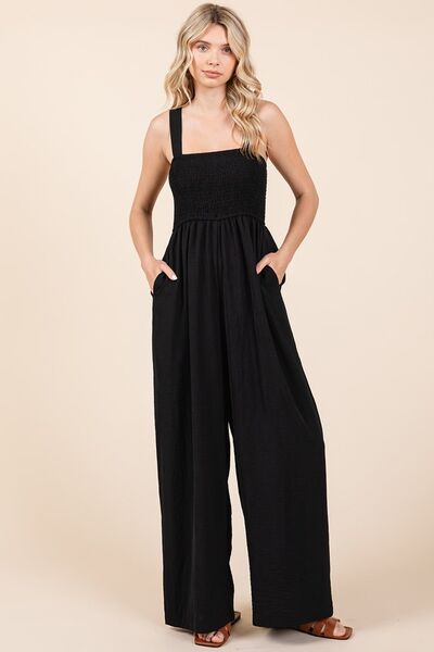 Clothing Black Smocked Jumpsuit Black Tie Neck Smocked Jumpsuit