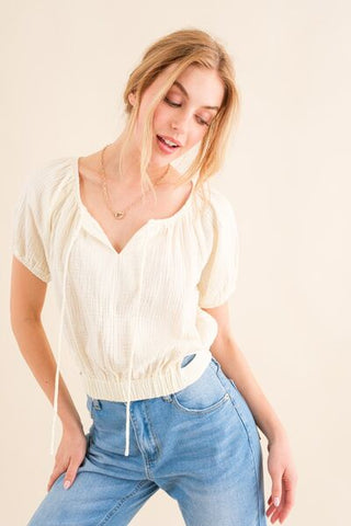 And The Why Cotton Gauze Back Waist Tie Cropped Blouse - MOD&SOUL - Contemporary Women's Clothing