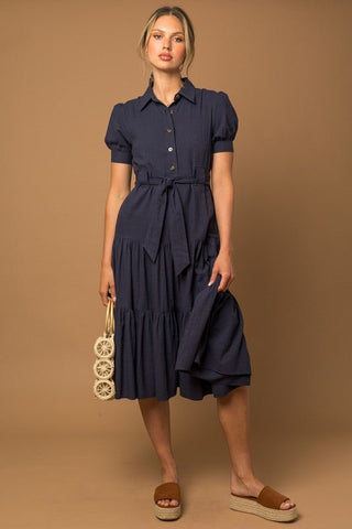 Button-Down Belted Tiered Midi Dress - MOD&SOUL - Contemporary Women's Clothing