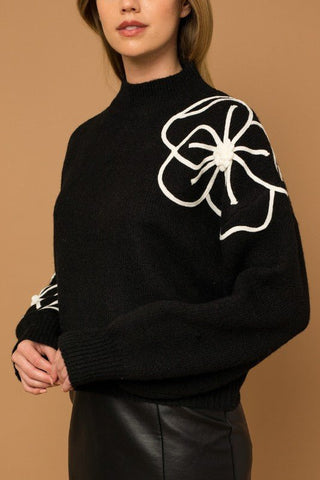 Flower Embroidered Mock Neck Sweater -  - Gilli - MOD&SOUL
