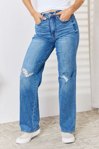 High Waist Distressed Straight-Leg Jeans - MOD&SOUL - Contemporary Women's Clothing