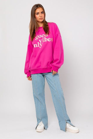 Hot Pink Good Vibes Only Pullover Sweater -  - LE LIS - MOD&SOUL