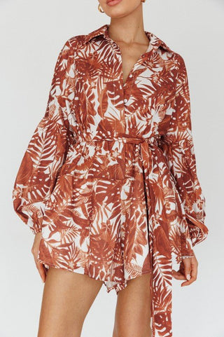 Leaf Print Puff Sleeved Romper - MOD&SOUL - Contemporary Women's Clothing