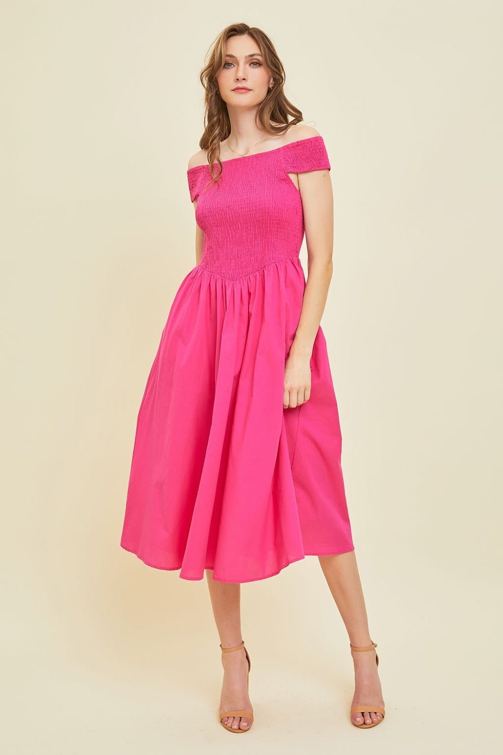 Off-Shoulder Smocked Midi Dress | Pink Midi Dress MOD&SOUL - Contemporary Women's Clothing Off-Shoulder Smocked Midi Dress | Pink Midi Dress MOD&SOUL - Contemporary Women's Clothing