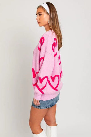 Pink Heart Print Sweater - MOD&SOUL - Contemporary Women's Clothing
