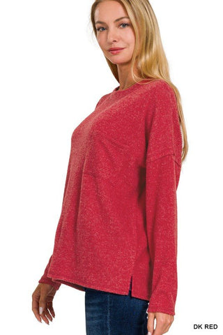 Ribbed Brushed Melange Hacci Sweater with a Pocket -  - ZENANA - MOD&SOUL