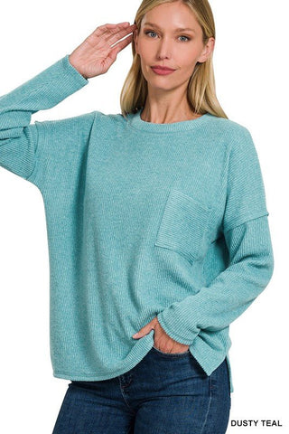 Ribbed Brushed Melange Hacci Sweater with a Pocket -  - ZENANA - MOD&SOUL