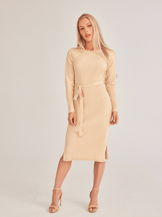 Ribbed Knit Side Slit Dress with Waist Tie - MOD&SOUL - Contemporary Women's Clothing