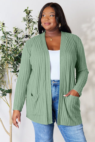 Ribbed Open Front Cardigan with Pockets -  - Trendsi - MOD&SOUL