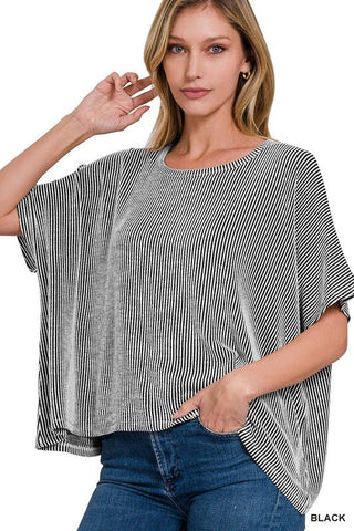 Ribbed Striped Oversized Short Sleeve Top - MOD&SOUL - Contemporary Women's Clothing