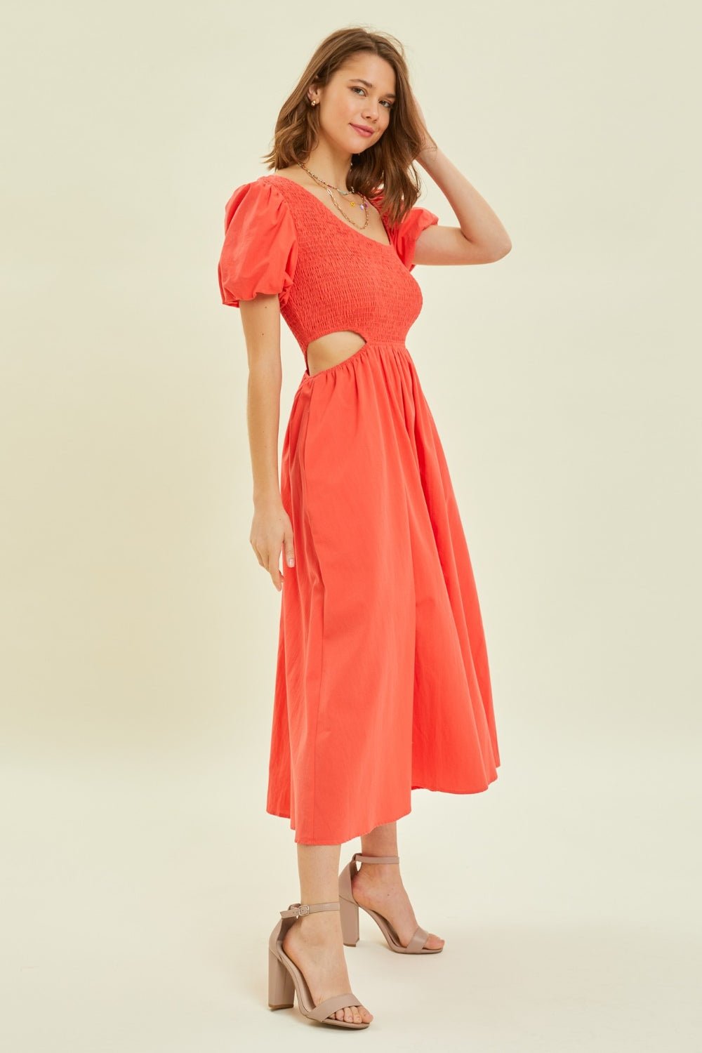 red cut out midi dress Rihoas Linen Blend Cut Out Midi Dress