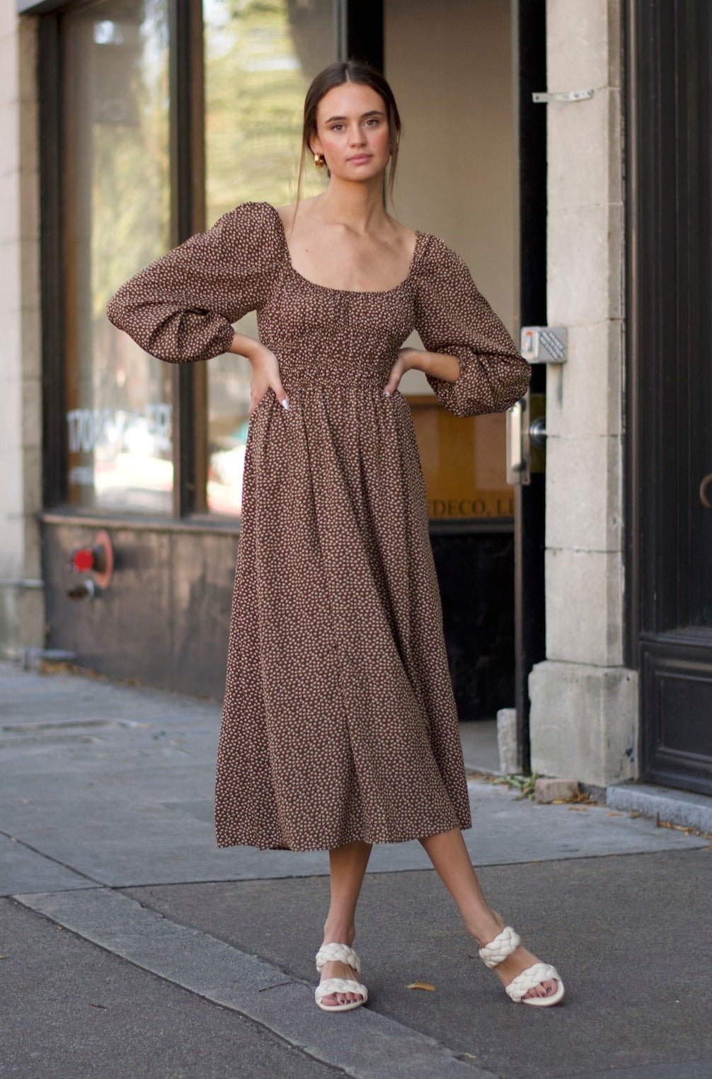 Square Neck Puff Sleeve Dress  Brown Midi Dress – MOD&SOUL
