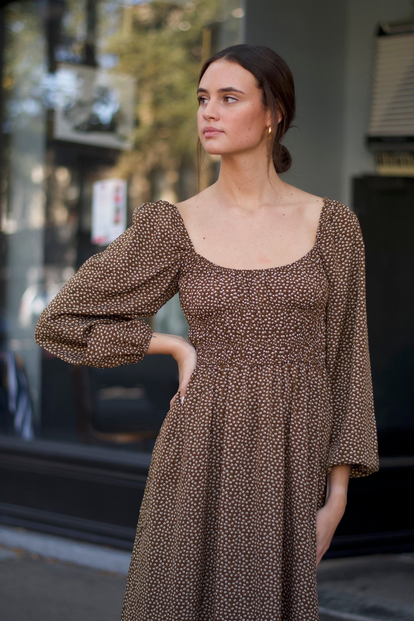 Square Neck Puff Sleeve Dress  Brown Midi Dress – MOD&SOUL