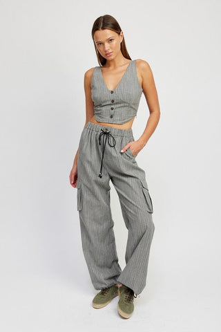 STRIPED CARGO PANTS WITH WAIST DRAWSTRING - MOD&SOUL - Contemporary Women's Clothing