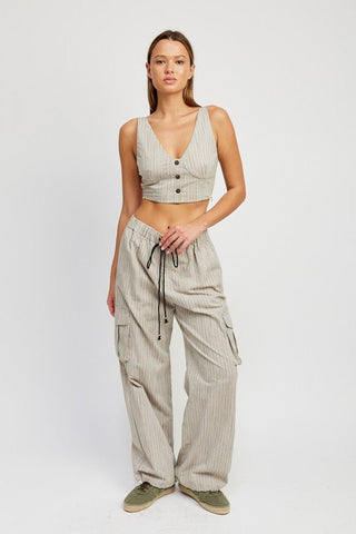 STRIPED CARGO PANTS WITH WAIST DRAWSTRING - MOD&SOUL - Contemporary Women's Clothing