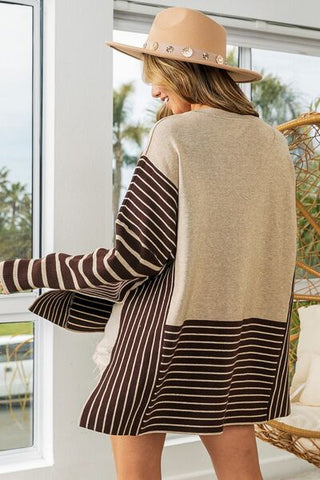 Striped Contrast Long Sleeve Slit Top - MOD&SOUL - Contemporary Women's Clothing