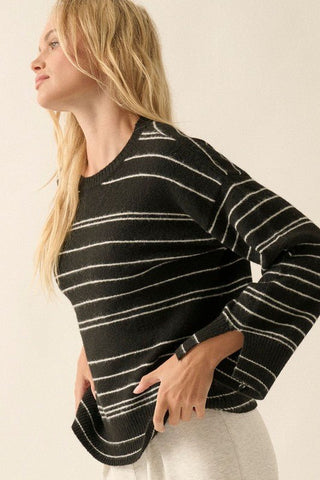 Striped Round Neck Long Sleeve Sweater Top - MOD&SOUL - Contemporary Women's Clothing