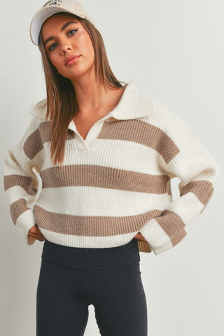 Taupe Striped Collared Sweater - PREORDER 10.4.23 - she - Mod&Soul - MOD&SOUL