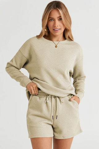Textured Long Sleeve Top and Drawstring Shorts Set - MOD&SOUL - Contemporary Women's Clothing