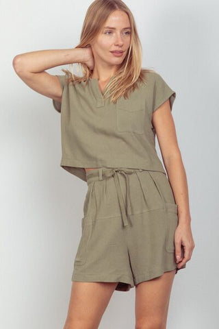 VERY J Woven Cropped Top & Waist Tie Shorts Set - MOD&SOUL - Contemporary Women's Clothing